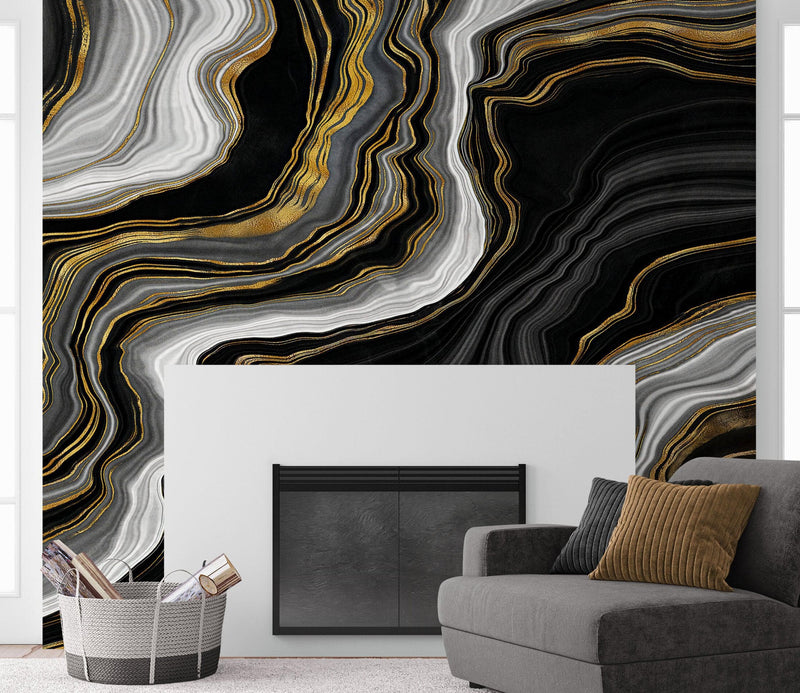 Black and Gold Abstract Marble Stone Pattern Peel and Stick Wallpaper.