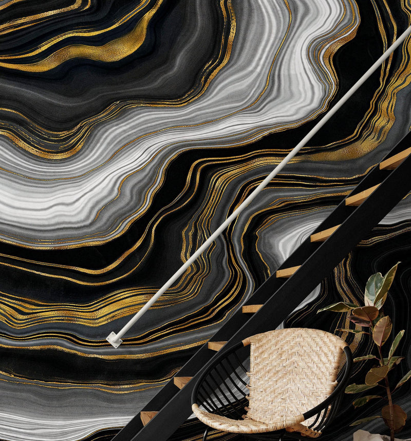 Black and Gold Abstract Marble Stone Pattern Peel and Stick Wallpaper.