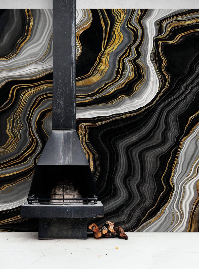 Black and Gold Abstract Marble Stone Pattern Peel and Stick Wallpaper.