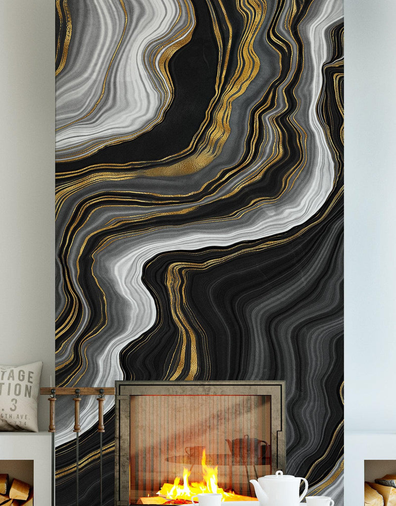 Black and Gold Abstract Marble Stone Pattern Peel and Stick Wallpaper.