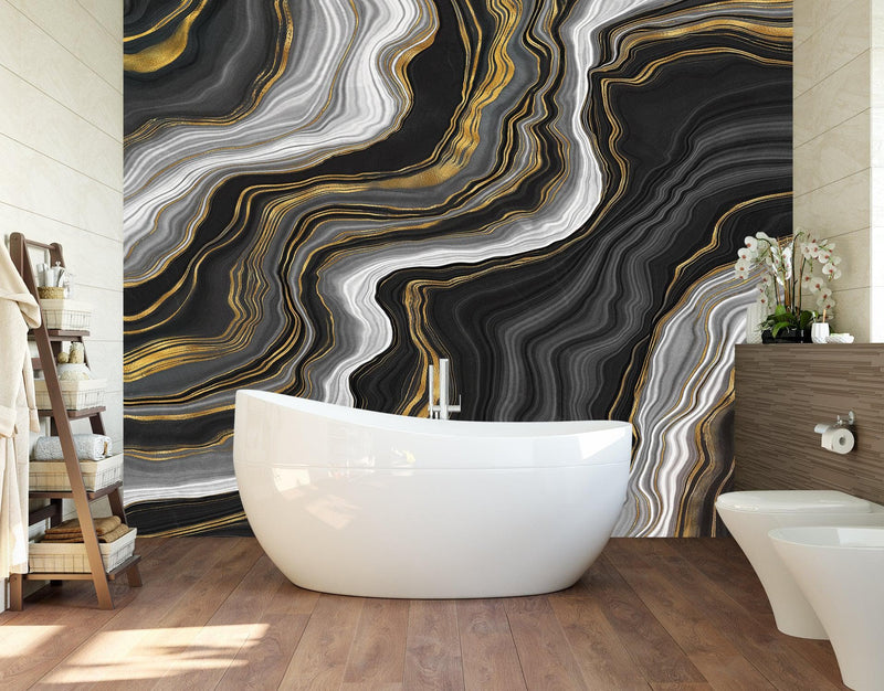 Black and Gold Abstract Marble Stone Pattern Peel and Stick Wallpaper.