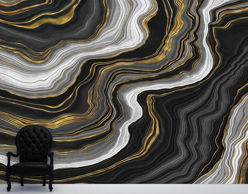 Black and Gold Abstract Marble Stone Pattern Peel and Stick Wallpaper.