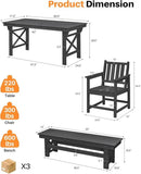 HDPE Outdoor Dining Set of 6, Patio Dining Table Set with 4 Chairs and 1 Bench, 6 Pieces HDPE Dining Set with Umbrella Hole, Outdoor Furniture Sets for Deck, Poolside, Garden, Obsidian by CozyNest Decor