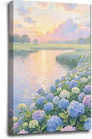 The hydrangea scenery all over the lake at sunset is suitable for posting in the living room bedroom office landscape poster wall painting by CozyNest Decor