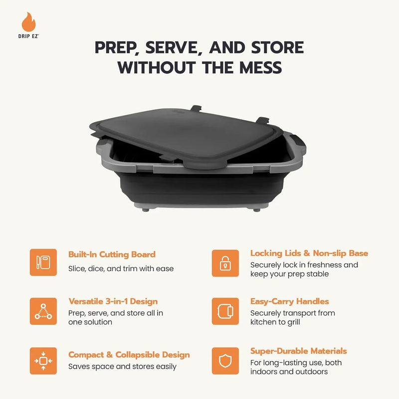 Drip EZ Collapsible BBQ Prep Tubs 3-Piece Set- For Meal Prep Marinating Food Storage - Includes Cutting Board & Lid - (1) JR + (1) OG + (1) XL - Black, photo 3 of 6