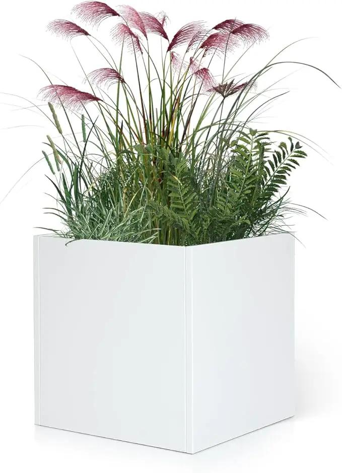 White Outdoor Planter Square Steel Planters Galvanized Steel Planter Box Indoor Metal Large Planters Cube Heavy Duty Flower Pot 20 Inch Modern Commercial Residential for Trees Patio Deck Yard Garden, photo 6 of 9