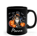 Personalized Name Norwegian Forest Halloween Coffee Mug, Custom Norwegian Forest Witch Hat Ceramic Cup, Cat with Pumpkins Mug 11oz 15oz, Halloween Cat Black Cup Gift for Boy Girl Pet Owner by TinyTreasures Baby Boutique