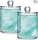 2 Pack Qtip Holder Dispenser Turquoise Marble Bathroom Storage Canister Lid Acrylic Plastic Apothecary Jar Set Vanity Makeup Organizer for Cotton Swabs/Pads/Floss by CozyNest Decor
