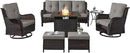 Outdoor Patio Furniture Set with Propane Fire Pit Table, 7 Pieces Wicker Patio Conversation Set with 2 Swivel Glider Rocker Chair Rattan Sofa Grey Cushion Perfect for Casual Gathering by GreenHaven Gardens