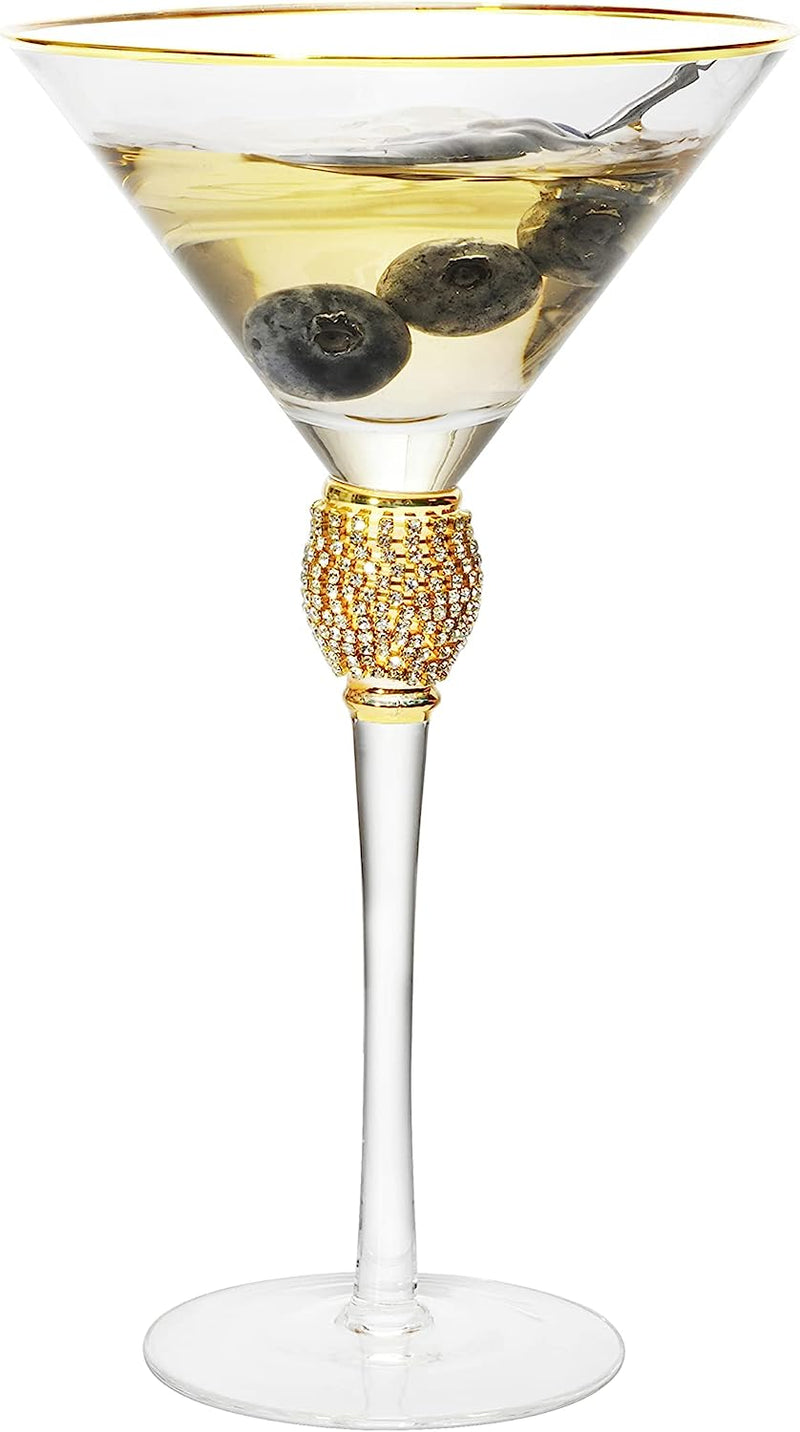 Diamond Collection 2 Piece Stemmed Martini Set - Rhinestone For Drinking Martinis, Manhattans, Vodka, Gin, Cocktails Gold Accent Cocktail Glasses, Perfect For Any Bar or Party 10oz - Swarovski Style