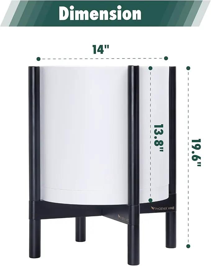 D'vine Dev Planter Pot with Stand - 14 Inch Plastic Cylinder Flower Pot with Wood Planter Holder for Indoor, Matte White Pot + Ebony Stand, 55-C-T-1, photo 3 of 6
