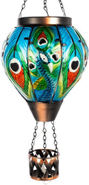 Peacock Hot Air Balloon Solar Lantern with Flickering Flame,Glass Hanging Solar Lanterns Outdoor Waterproof,Hot Air Balloon Decorative Lights for Patio Porch Yard Decor,Peacock Gifts for Women by GreenHaven Gardens