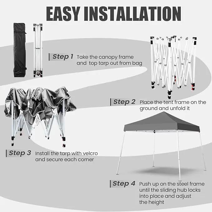 10x10 Pop Up Canopy, 300D Silver Coated Grey Fabric Outdoor Gazebo, Beach Tent Slant Legs with Storage Bag,Easy Up Sun Shade Shelter Tents with 8x8 Top Cover for Patio,Party, photo 7 of 9
