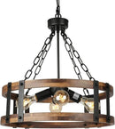 Farmhouse Rustic Wood Chandelier, 4-Light Industrial Drum Chandelier for Dining Room Vintage Pendant Hanging Light Fixture with Black Metal Accent for Kitchen Living Room Dining Area by CozyNest Decor