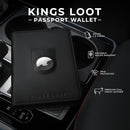 Kings Loot Passport Holder Wallet | RFID Blocking Leather Travel Wallet with Built-in Airtag Holder | Holds 1-6 Cards & Passport | Easy Pull Tab | Travel Wallets (Onyx Black) by TinyTreasures Baby Boutique