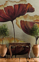 Sepia Poppies Flower Wall Mural. Vintage Botanical Wallpaper.