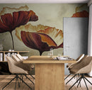 Sepia Poppies Flower Wall Mural. Vintage Botanical Wallpaper.