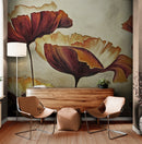 Sepia Poppies Flower Wall Mural. Vintage Botanical Wallpaper.