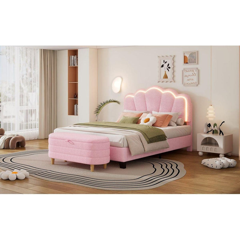 2-Pieces Bedroom Sets Full Size Flower-Shaped Upholstered LED Platform Bed with Storage Ottoman-Sherpa Fabric, Pink