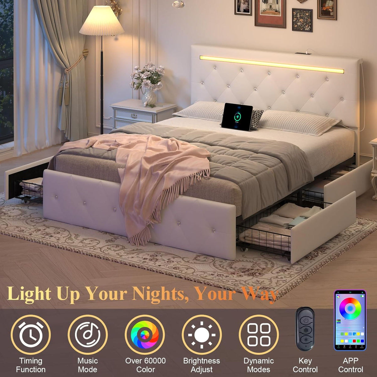 Upholstered Bed Frame With LED Lights, 4 Storage Drawers, Charging Station, photo 14 of 31