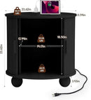 24" Large Fluted Round End Table with Charging Station, Farmhouse Cricle Sofa Side Table with Sliding Door and Storage, Rustic Curved Wood Nightstand for Living Room, Bedroom,Black by CozyNest Decor