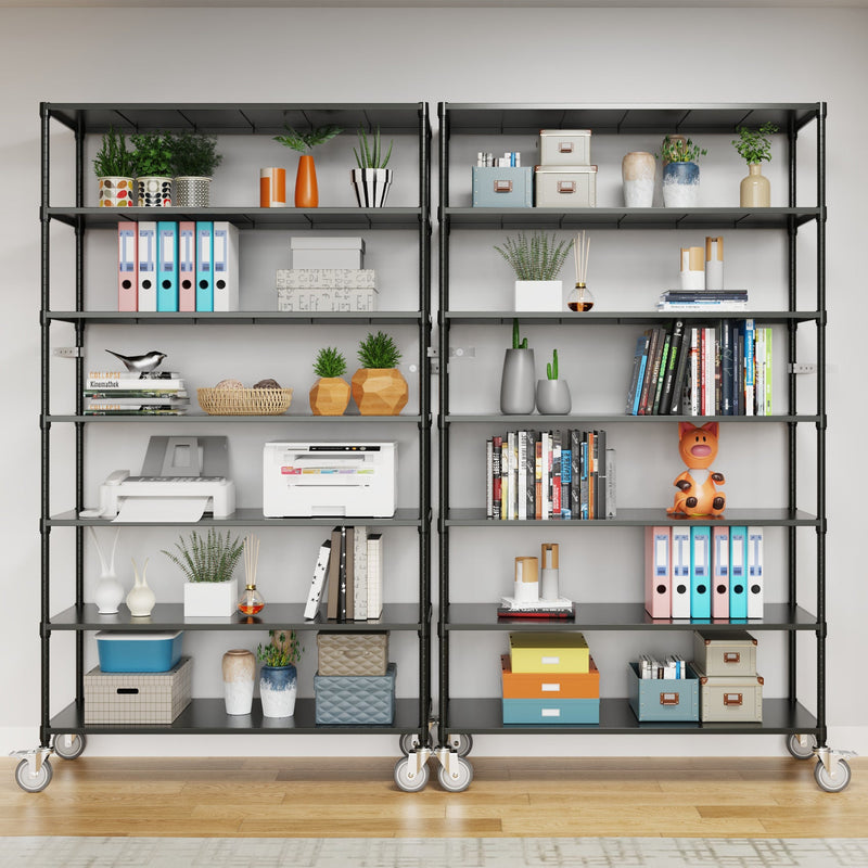 7 Tier Standing Shelf Units, 2800 LBS NSF Height Adjustable Metal Garage Storage Shelves with Wheels, Heavy Duty Storage Rack Metal Shelves - Black - 7T-2800LBS-BLACK