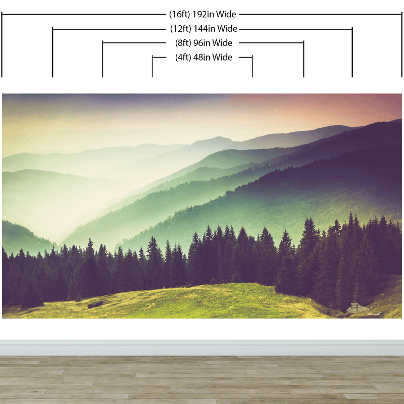 Colorful Foggy Mountain Forest View Wall Mural | Peel and Stick Wallpaper.