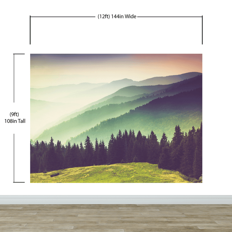 Colorful Foggy Mountain Forest View Wall Mural | Peel and Stick Wallpaper.