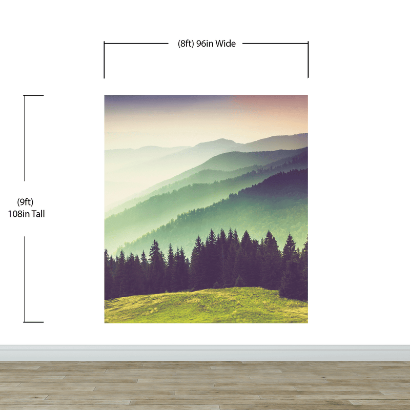 Colorful Foggy Mountain Forest View Wall Mural | Peel and Stick Wallpaper.