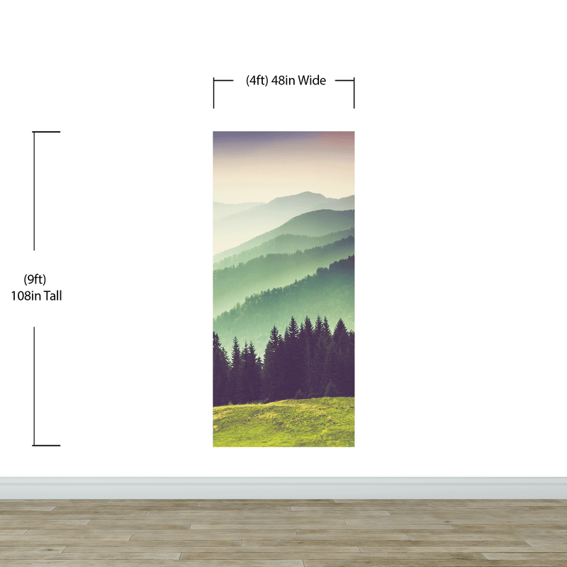 Colorful Foggy Mountain Forest View Wall Mural | Peel and Stick Wallpaper.