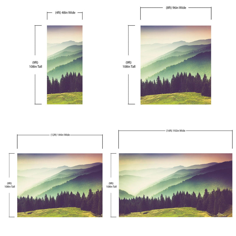 Colorful Foggy Mountain Forest View Wall Mural | Peel and Stick Wallpaper.