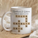Family Forever Linked Together Custom Names Ceramic Mug, Crossword Puzzle Art, for Birthday, Anniversary or Special Occasions (Brothers & Sisters Forever Linked Together White Mug Ver 2) by TinyTreasures Baby Boutique