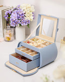 Homde Girls Jewelry Box Jewelry Storage Case Organizer Faux Leather with Mirror for Rings, Earrings, Bracelets, Necklaces (Grey Blue) by TinyTreasures Baby Boutique