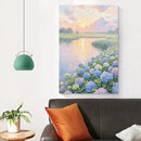 The hydrangea scenery all over the lake at sunset is suitable for posting in the living room bedroom office landscape poster wall painting by CozyNest Decor