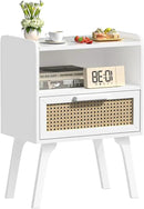Lerliuo Rattan Nightstand, Bedside Table with Drawer Open Shelf, Cane Accent Side End Table with Solid Wood Legs, White Mid Century Night Stand for Bedroom, Dorm and Small Spaces by CozyNest Decor