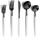 Matte Black White Silverware Set for 6,Modern Stainless Steel Brushed Cutlery Set,30-Pieces Heavy Duty Flatware Set,Knives Spoons and Forks Set Utensils Set, Satin Finish, Dishwasher Safe by CozyNest Decor