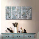 amatop Teal Wall Art 100% Hand-Painted Landscape Forest Oil Painting on Canvas Original Framed Artwork Gold Bird Birch Tree Artwork White Birch at Night for Living Room Bedroom Office Decor 32x16inch by CozyNest Decor