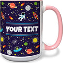 Personalized Mug for Kids - Outer Space - Custom Name/Text, Ceramic Hot Chocolate/Cocoa/Coffee Cup for Boys/Girls, Birthday/Christmas/Holiday Gift - 15 oz, Pink Handle by TinyTreasures Baby Boutique