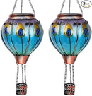 2PC Hot Air Balloon Solar Lantern with 2PC Shepherd Hook, Flickering Flame Hanging Solar Lanterns Outdoor Lights Waterproof Lanterns for Garden Patio Yard Party Decor (Peacock Feather Blue) by GreenHaven Gardens