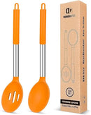 Pack of 2 Large Silicone Cooking Spoons,Non Stick Solid Basting Spoon,Heat-Resistant Kitchen Utensils for Mixing,Serving,Draining,Stirring (ORANGE) by CozyNest Decor