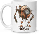 Steampunk Robot Coffee Mug With Custom Name, Customized Mechanical Themed Design Ceramic Cup, Steampunk Enthusiasts White Cup 11oz Or 15oz, Personalized Mug Gift For Daughter Son by CozyNest Decor
