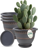 4 Pack 16 Inch Large Plant Pots, Plastic Flower Pot for Indoor & Outdoor with Drainage Holes & Saucer, Plaid Pattern Planters Garden Pots for Herbs by CozyNest Decor