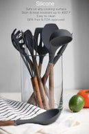 Country Kitchen Non Stick Silicone Utensil Set with Rounded Wood Handles for Cooking and Baking, 8 Piece Set, Black by CozyNest Decor