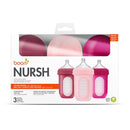 Boon Nursh Reusable Silicone Pouch Baby Bottles - Medium Flow Nipple - Silicone Baby Bottle Pouch and Nipple - Baby Feeding Essentials - Pink - 3-6 Months - 3 Count - 8 Ounce by TinyTreasures Baby Boutique
