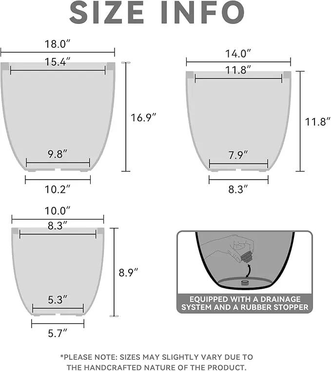 Kante 18",14",10" Dia Concrete Round Planters (Set of 3), Outdoor Indoor Large Planter Pots with Drainage Hole and Rubber Plug for Home Patio Garden, Black, photo 2 of 8