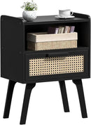 Lerliuo Rattan Nightstand, Bedside Table with Drawer Open Shelf, Cane Accent Side End Table with Solid Wood Legs, Black Mid Century Night Stand for Bedroom, Dorm and Small Spaces by CozyNest Decor