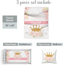 Personalized Baby Girl Crib Bedding Set – Custom Name 3-Piece Nursery Bedding with Crown with Flower, Flannel Blanket, Fitted Sheet & Pillowcase – Shower Gift for Baby Infant & Toddler by TinyTreasures Baby Boutique
