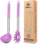Silicone Pasta Fork and Ladle Spoon Set, Large Non Stick Kitchen Utensils for Cooking,Stirring,Serving Spaghetti, Soup, Sauce (PURPLE) by CozyNest Decor