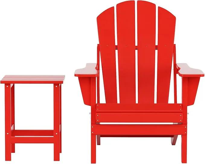 WO Home Furniture Adirondack Chair Table Set of 2 PCS Outdoor Folding Chair w Side Table Weather/UV Resistant for Lawn, Garden, Bon Fire, Balcony (Red), photo 5 of 10