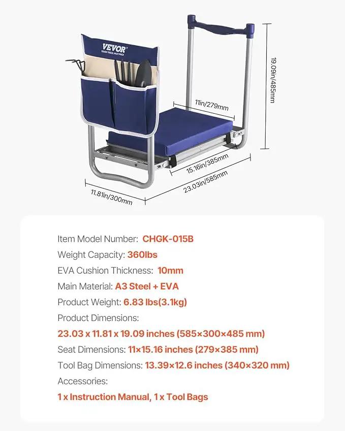 VEVOR Large Folding Garden Kneeler and Seat Heavy Duty, Widened 10" EVA Foam Pad, Portable Garden Stool with Tool Bags, Gardening Bench to Relieve Knee & Back Pain, Gifts for Seniors, Women, Parents, photo 6 of 12